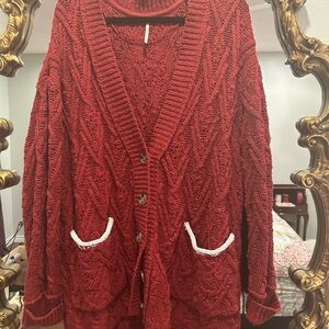 Free People Sz small Women's Red Cable Knit Cardigan Sweater